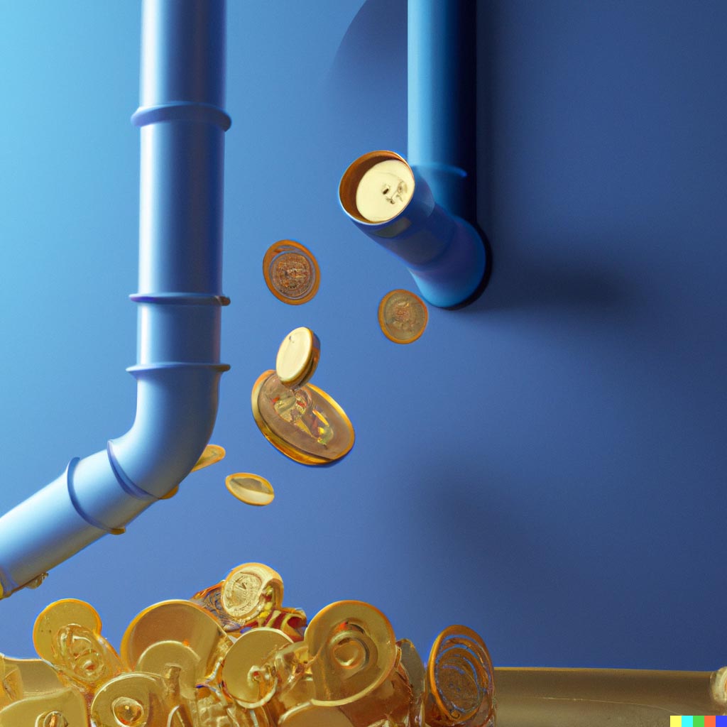 DALL·E prompt: a gold pipe coming out of the wall in a blue room with bitcoins pouring out of it, digital art 3d render